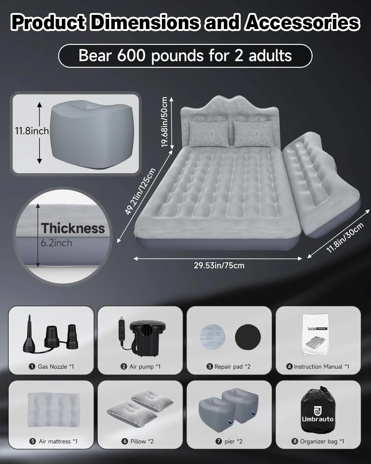 Umbrauto 29.53in/75cm Wide Car Air Mattress – Inflatable SUV, Truck & Van Back Seat Camping Bed with Pump & Pillows, Gray - Korvel