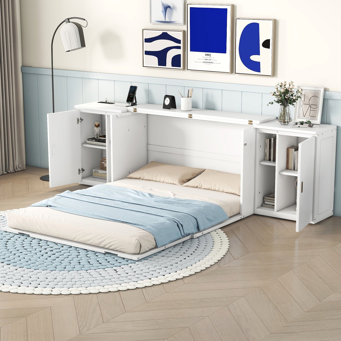 Lit Murphy Queen Size avec étagères et ports USB - Blanc