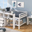 Full Size Low Loft Bed with Rolling Portable Desk, Drawers and Shelves, White - Korvel