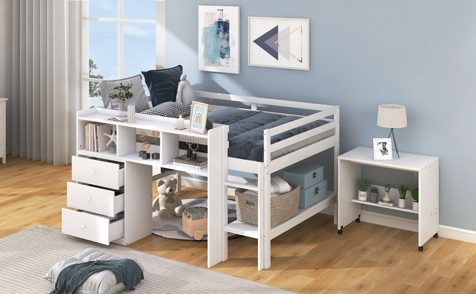 Full Size Low Loft Bed with Rolling Portable Desk, Drawers and Shelves, White - Korvel