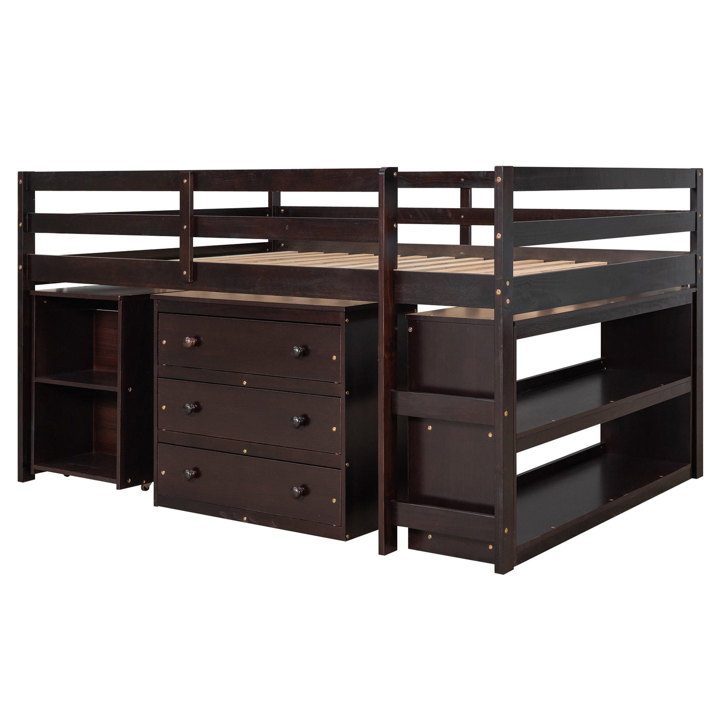 Low Study Full Loft Bed with Cabinet Shelves and Rolling Portable Desk Multiple Functions Bed- Espresso - Korvel