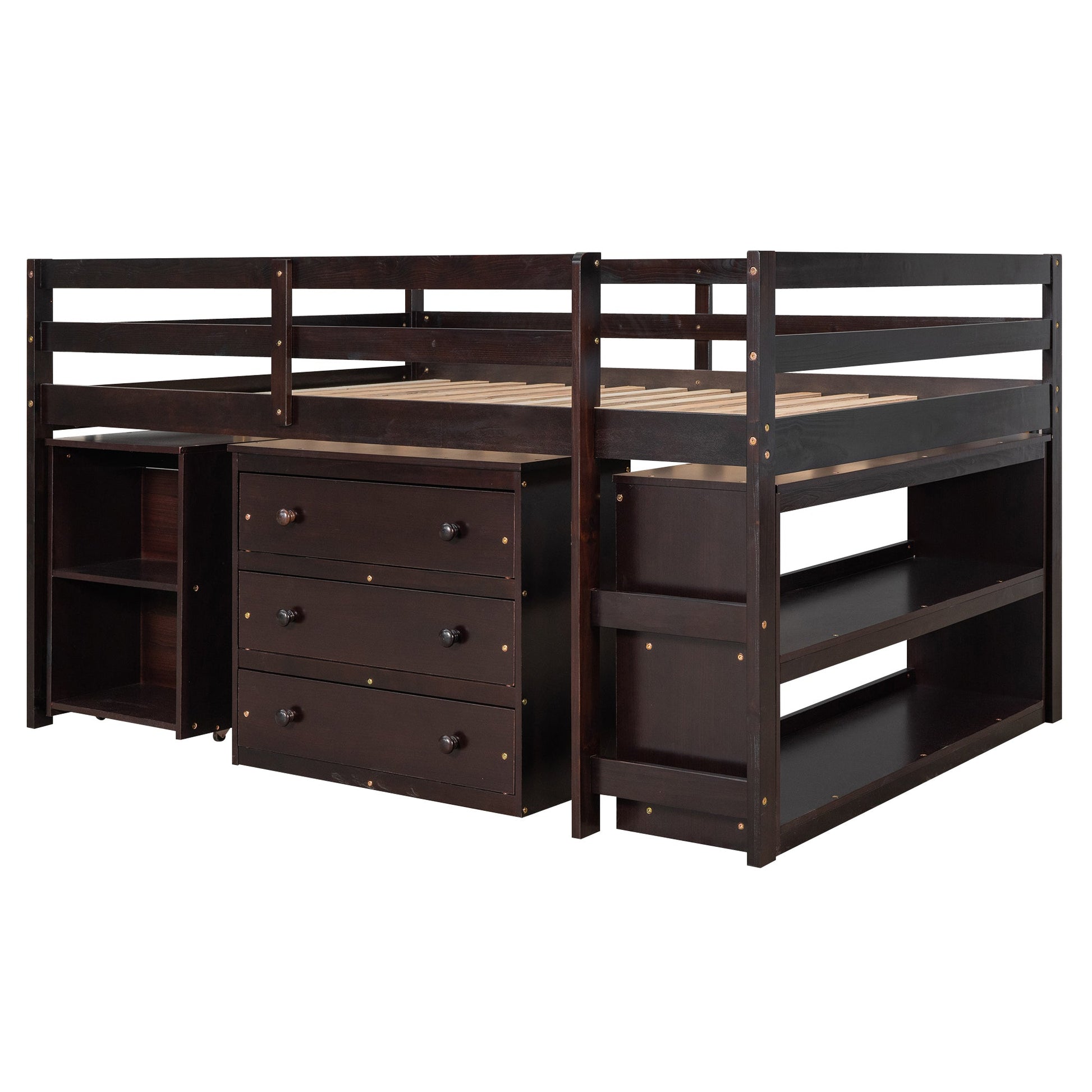 Low Study Full Loft Bed with Cabinet Shelves and Rolling Portable Desk Multiple Functions Bed- Espresso - Korvel