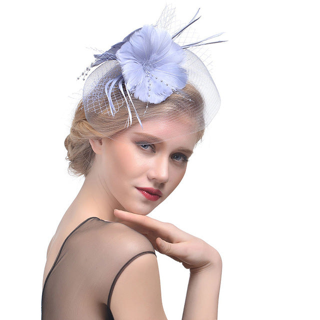WELROG Feather Cap Lady Cocktail Dinner Party Fedoras Wedding Bridal Mesh Veil Hats Vintage Sombreros Chapeau Fascinators Hat - Korvel