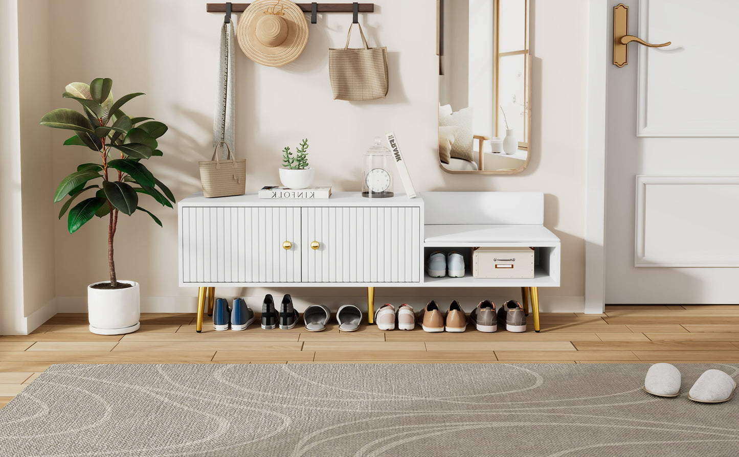 Banc de rangement pour chaussures blanc moderne avec rangement caché