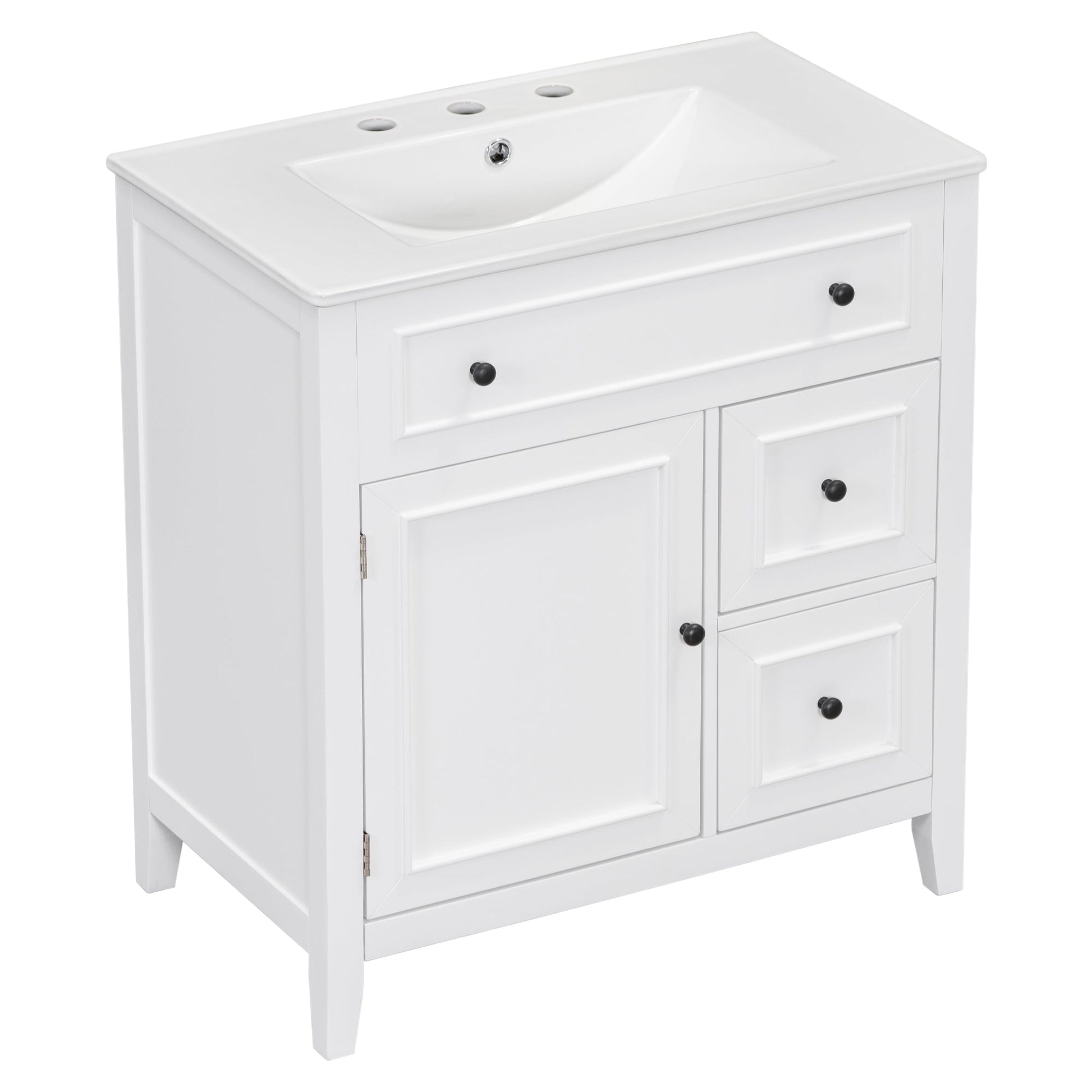 30" Bathroom Vanity with Sink Top, Bathroom Vanity Cabinet with Door and Two Drawers, Solid Wood Frame, One Package, White - Korvel