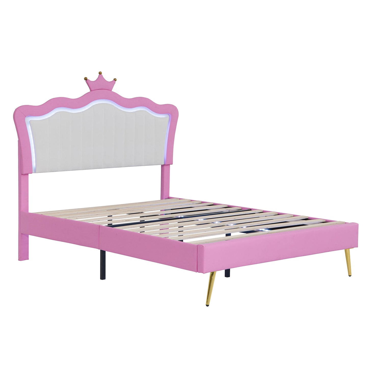 Full Size Upholstered Bed Frame with LED Lights, Modern Upholstered Princess Bed with Crown Headboard, Pink+White - Korvel