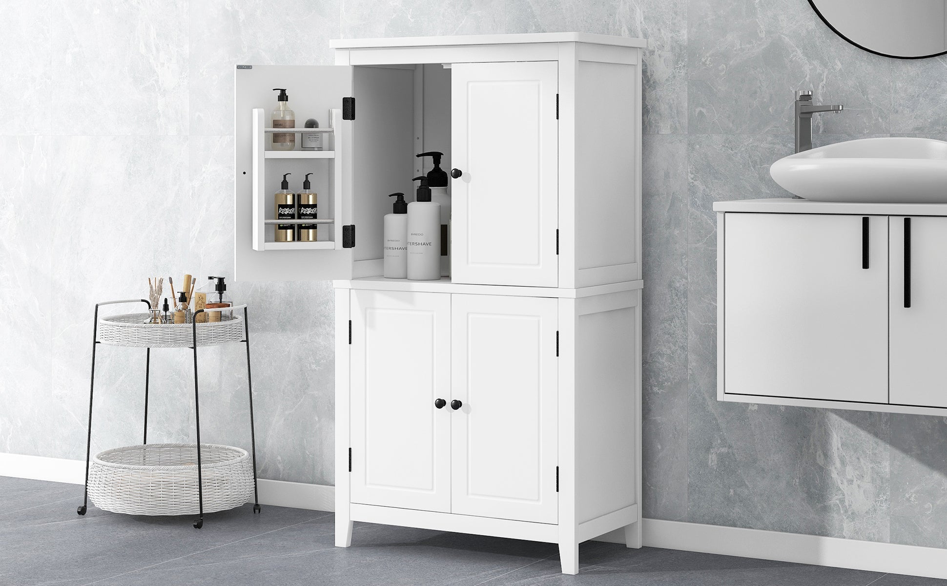 Bathroom floor storage cabinet, bathroom storage unit, 4-door independent cabinet, adjustable shelf, adaptive shelf, white - Korvel
