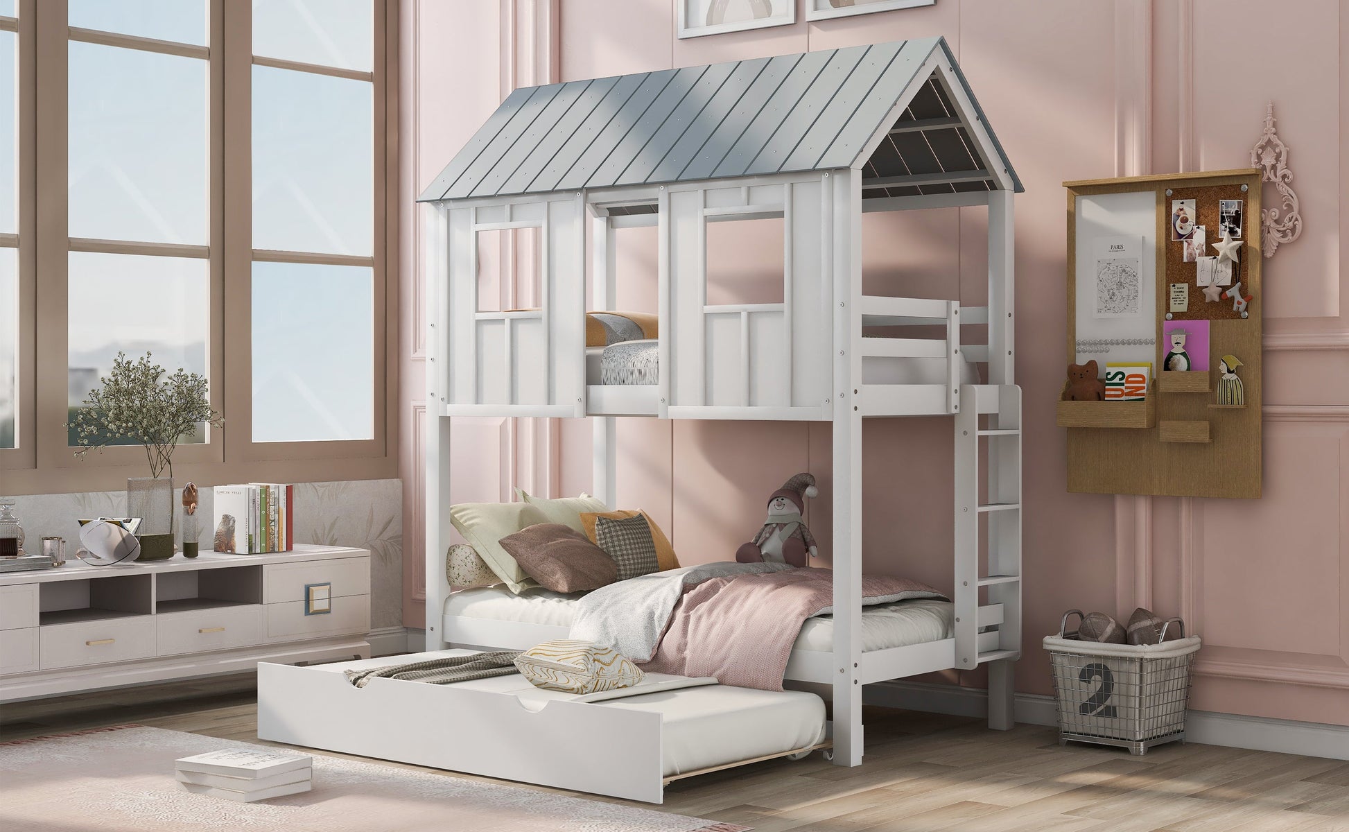 House Bunk Bed with Trundle,Roof and Windows White - Korvel