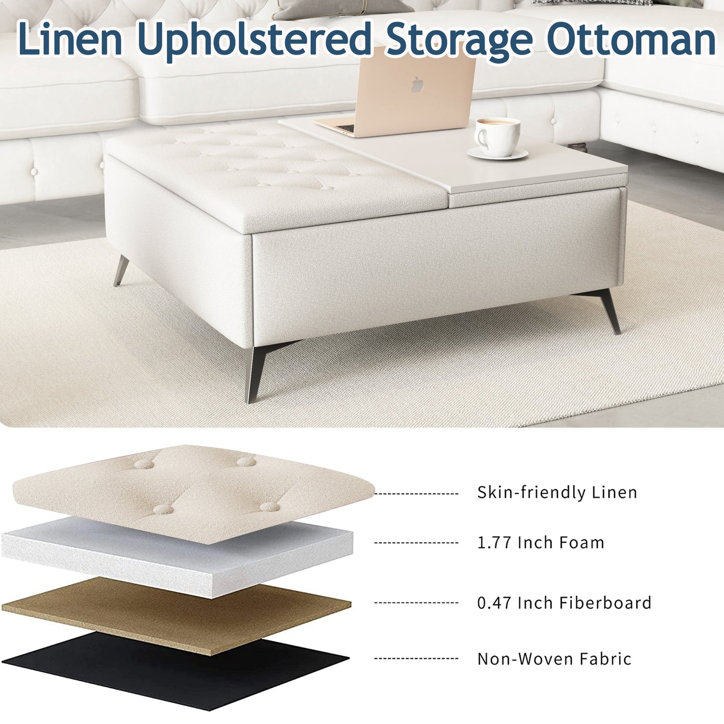 35 inch Wide Square storage benches Coffee Table with Lift Top Oversized Storage Ottoman in Upholstered for Living Room - Korvel