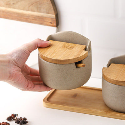 Japanese Ceramic Seasoning Jar Set with Bamboo Lid