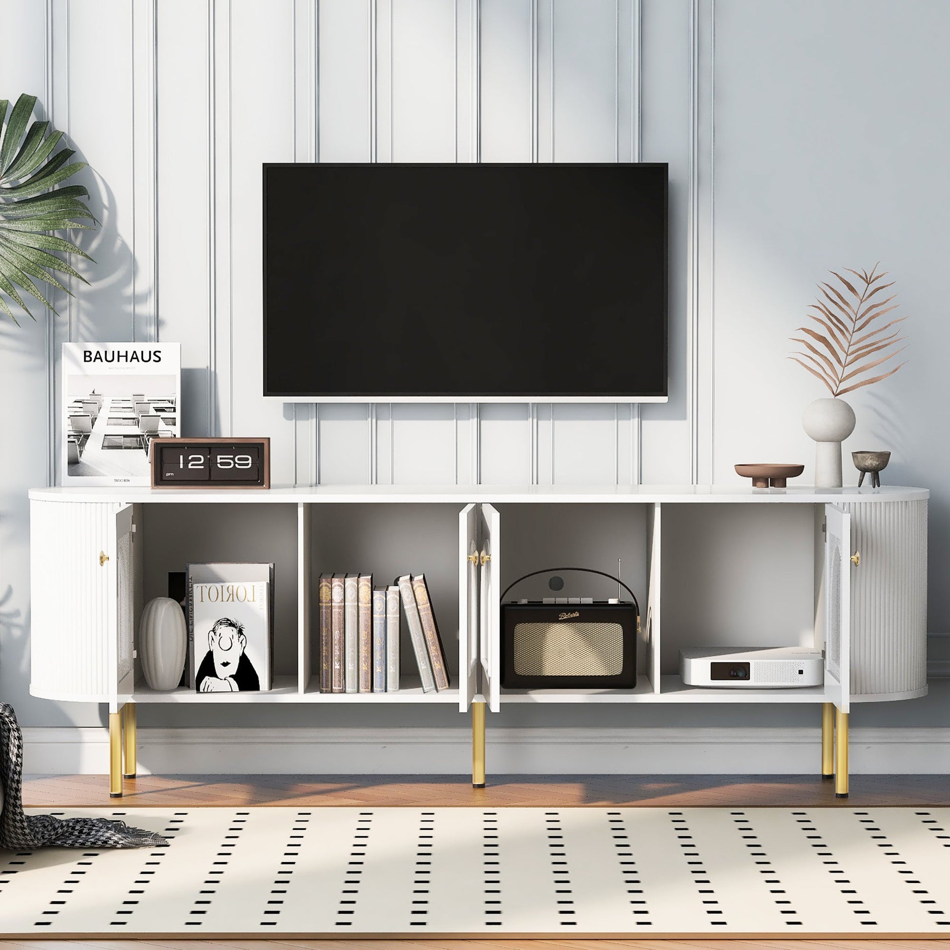 U-Can Modern TV Stand for TVs up to 80 Inches, Entertainment Center with 4 Cabinets, Wood with Metal Legs and Handles White - Korvel
