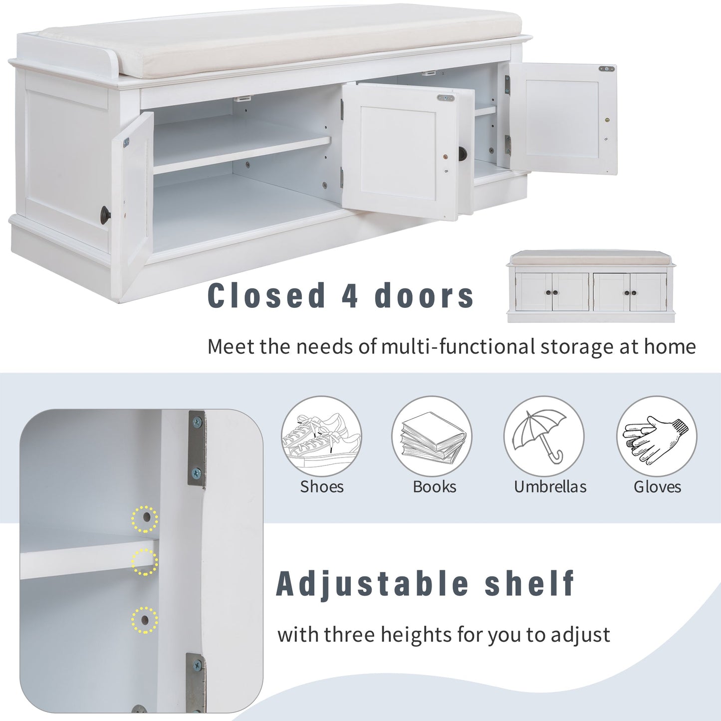 TREXM Storage Bench with Adjustable Doors and Padded Shoe Stand