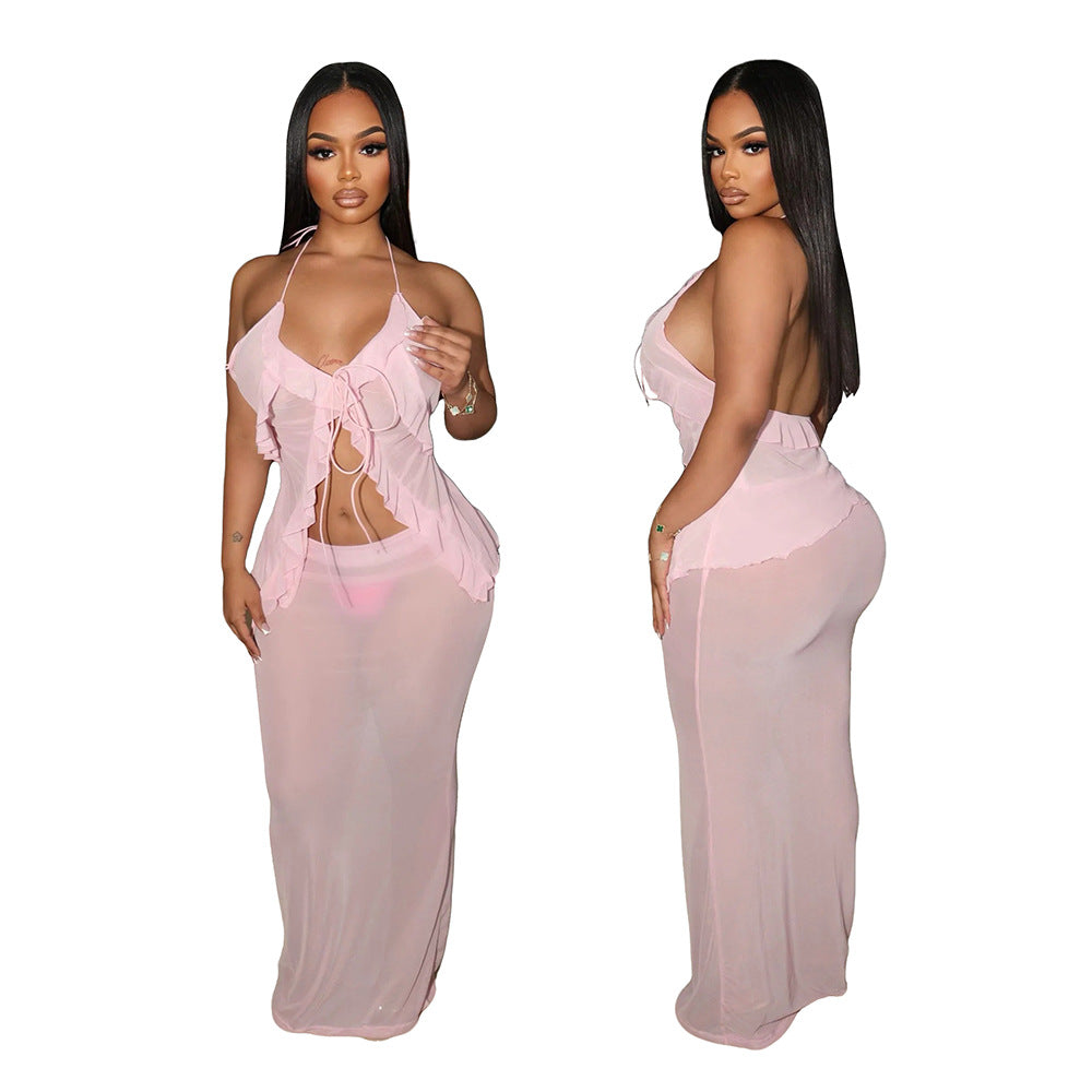Sexy Transparent Set with Belted Sleeveless Cardigan and Fashionable Long Skirt Two-Piece Set for Women - Korvel