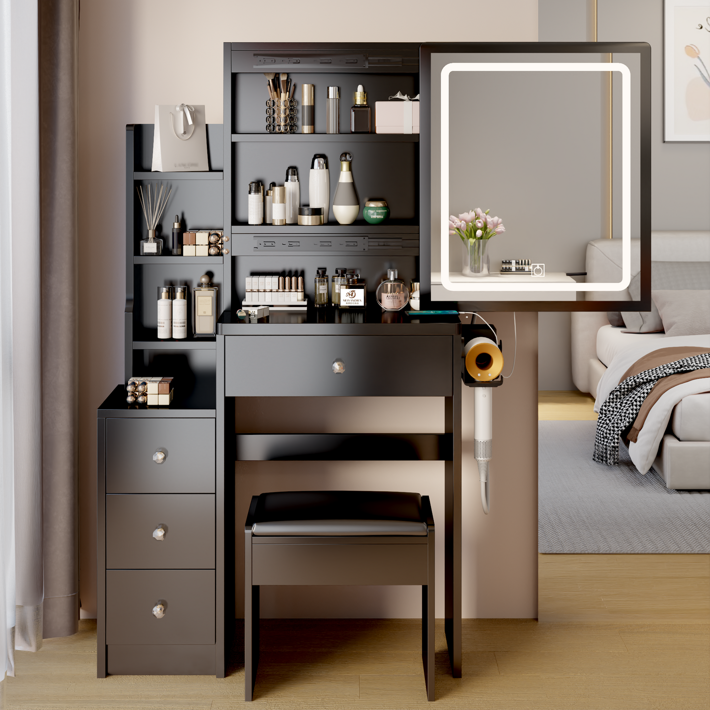 Elegant Dressing Table with Cushioned Stool and LED Mirror