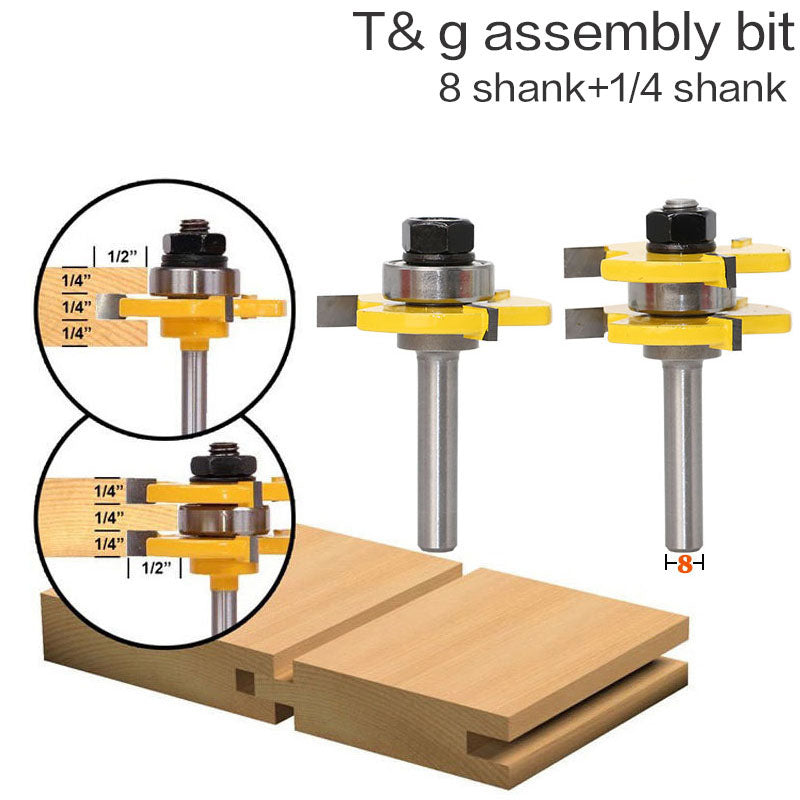 2 pc 8mm Shank high quality Tongue & Groove Joint Assembly Router Bit Set 3/4 Stock Wood Cutting Tool - Korvel