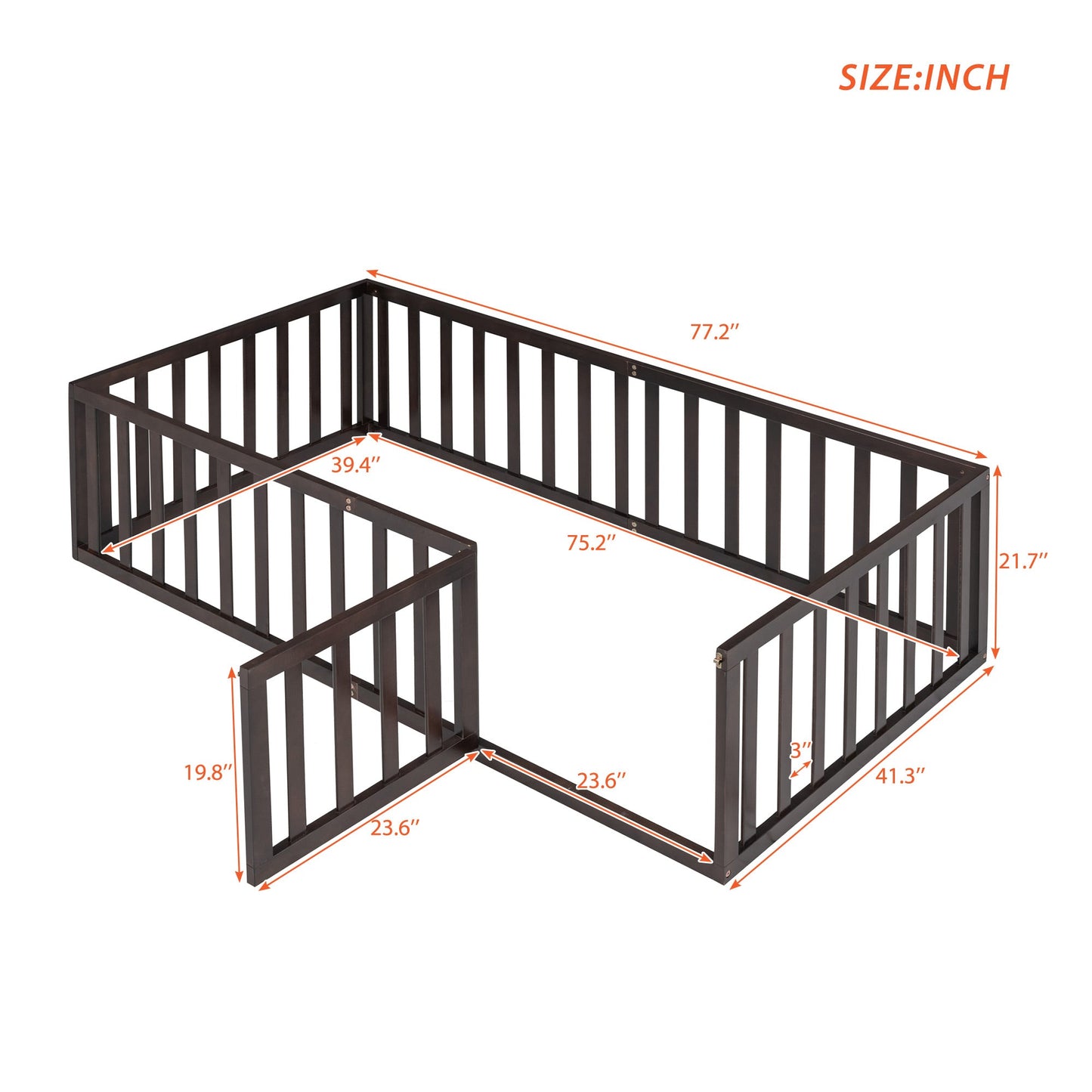Twin Size Wood Floor Bed Frame with Fence and Door Walnut(OLD SKU :WF289661AAL) - Korvel