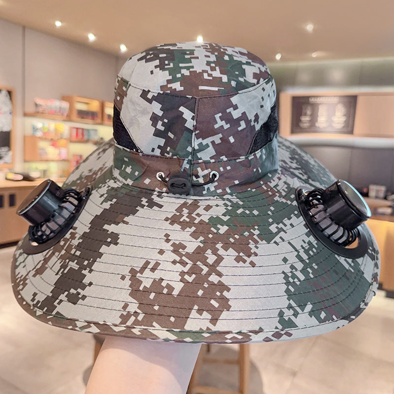 Solar powered fan large brim hat men's outdoor sunshade hat mountain climbing fisherman hat - Korvel