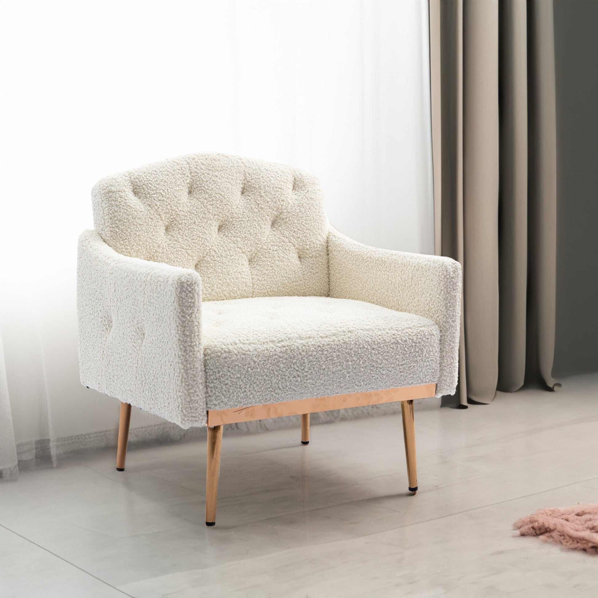 COOLMORE modern style armchair, plush decorative fabric armchair with golden metal legs (white teddy bear) - Korvel