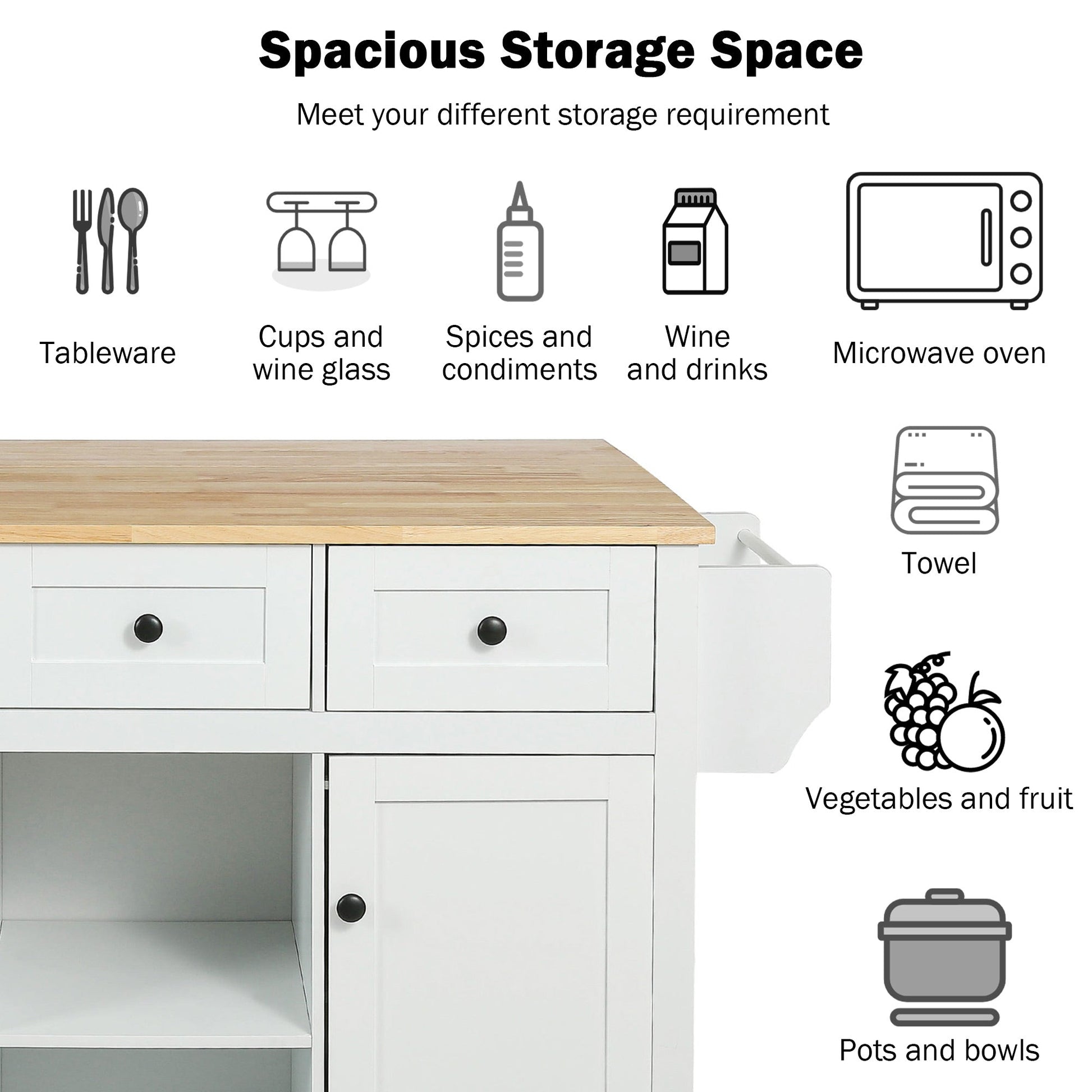 Kitchen trolley with rubber wood leaf countertop, 5-wheel kitchen island, storage cabinet and 3 dining drawers, white - Korvel