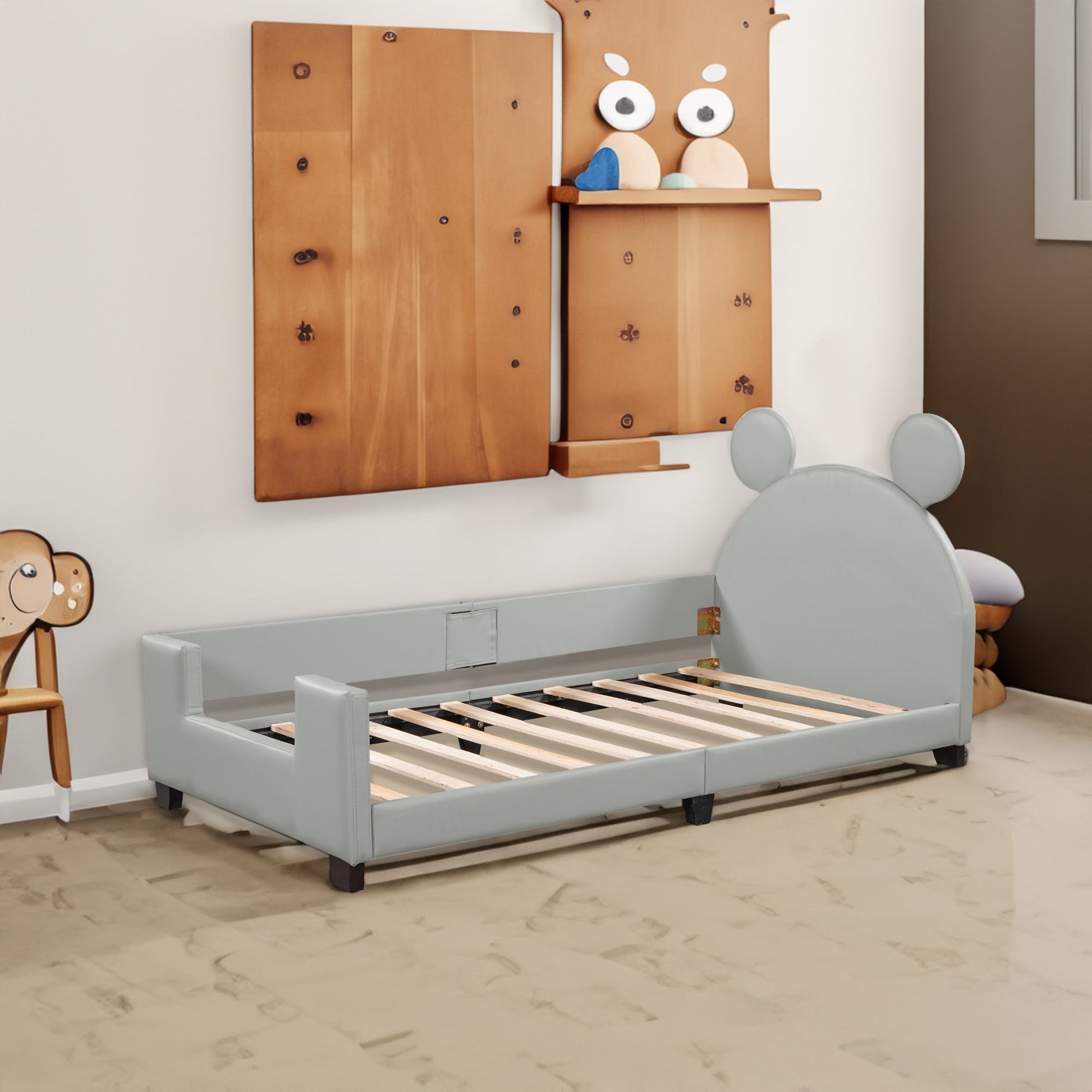 Twin Size Upholstered Daybed with Carton Ears Shaped Headboard  Grey - Korvel