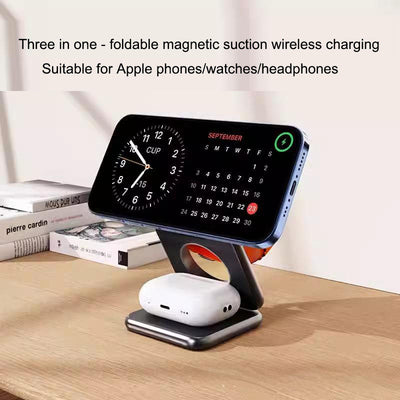 Three in one wireless charger with foldable magnetic suction suitable for iPhone wireless charging, phone holder desktop - Korvel