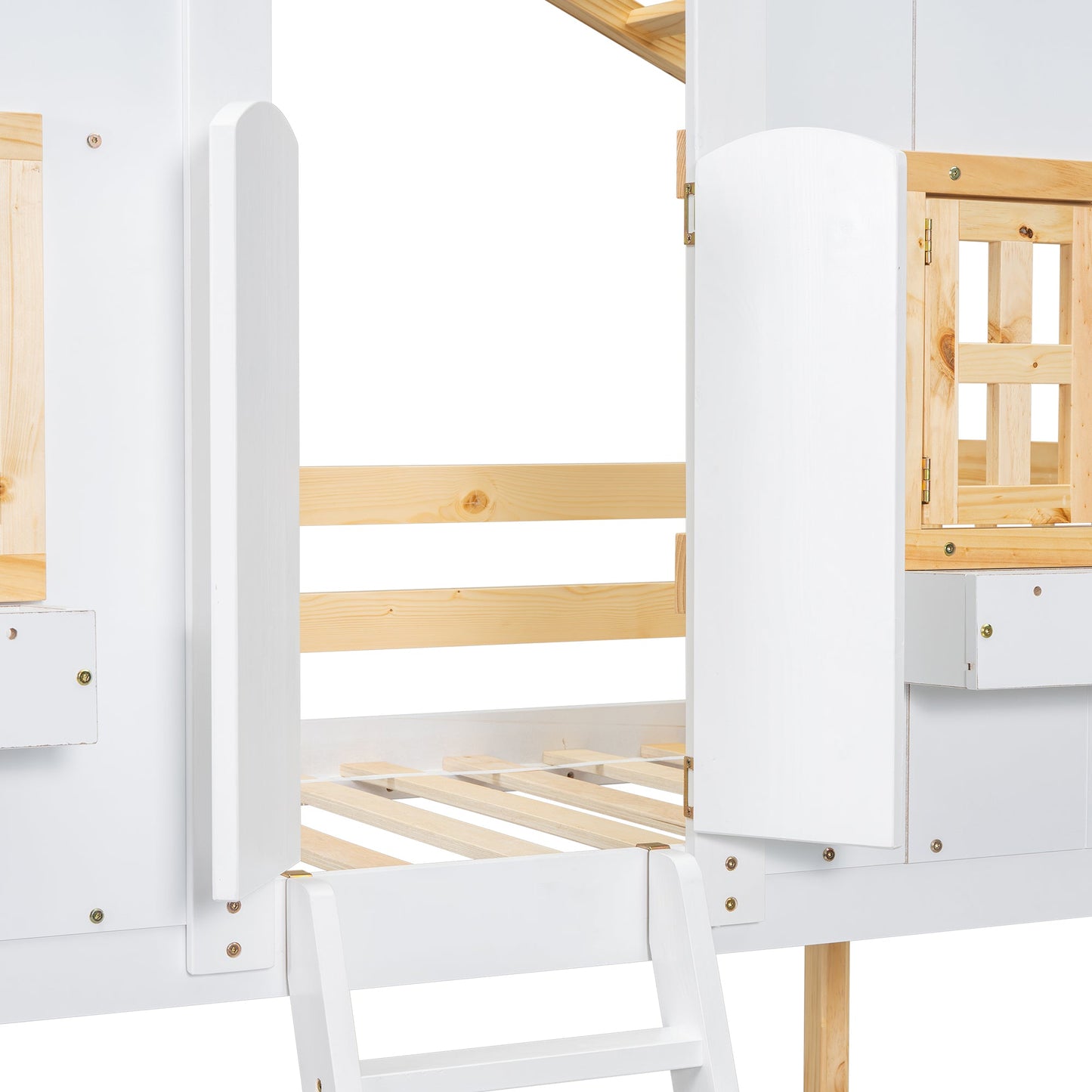 Twin over Twin House Bunk Bed with Roof , Window, Window Box, Door , with Safety Guardrails and Ladder, Natural/White - Korvel