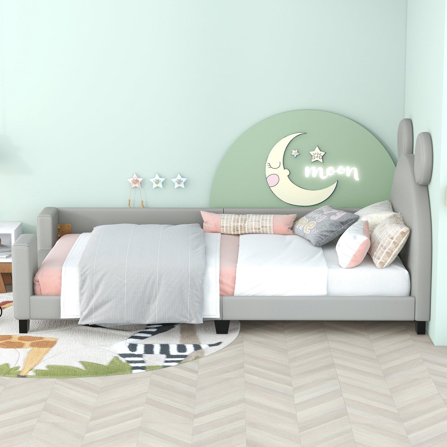 Twin Size Upholstered Daybed with Carton Ears Shaped Headboard  Grey - Korvel