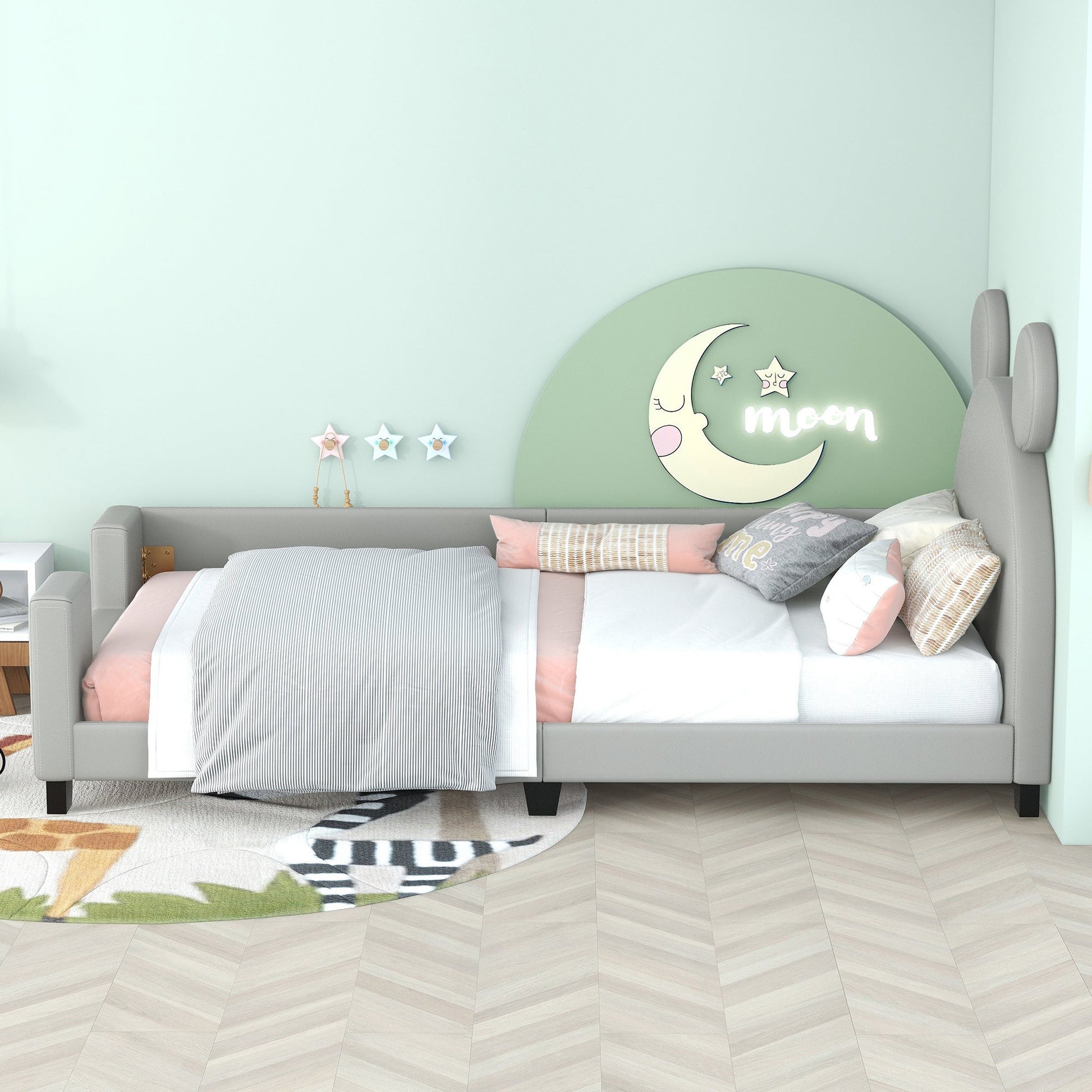 Twin Size Upholstered Daybed with Carton Ears Shaped Headboard  Grey - Korvel