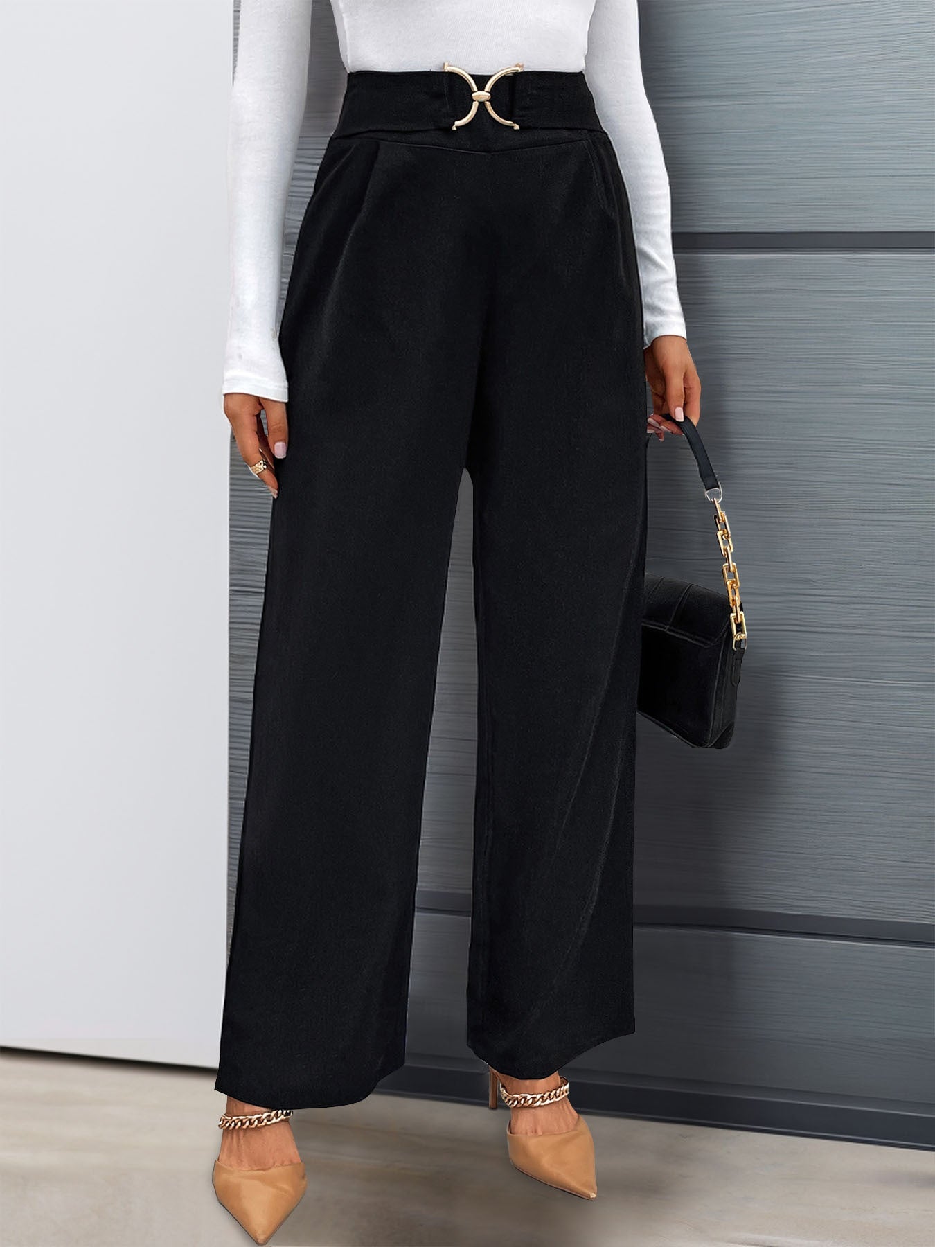 Autumn women's solid color with buckle high waisted straight leg pants - Korvel