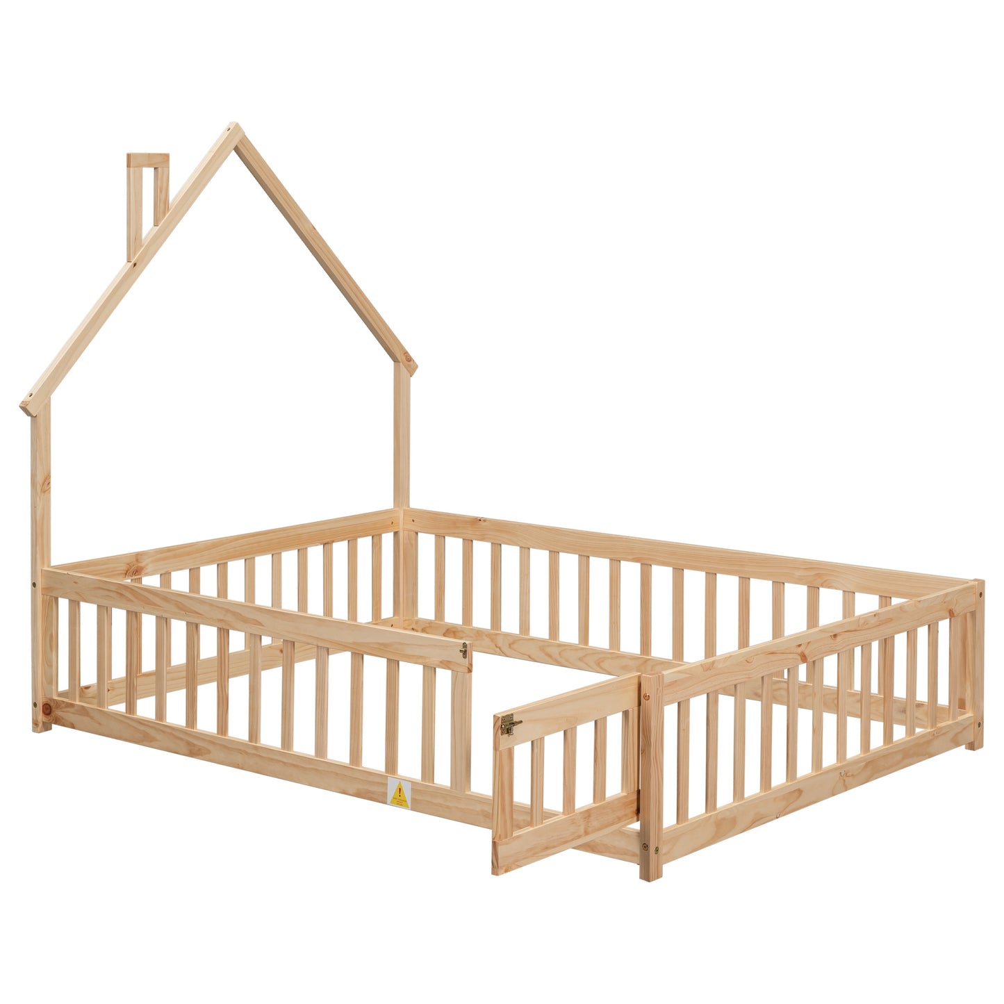 Full House-Shaped Headboard Floor Bed with Fence - Natural