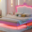 Full Size Upholstered Bed Frame with LED Lights, Modern Upholstered Princess Bed with Crown Headboard, Pink+White - Korvel