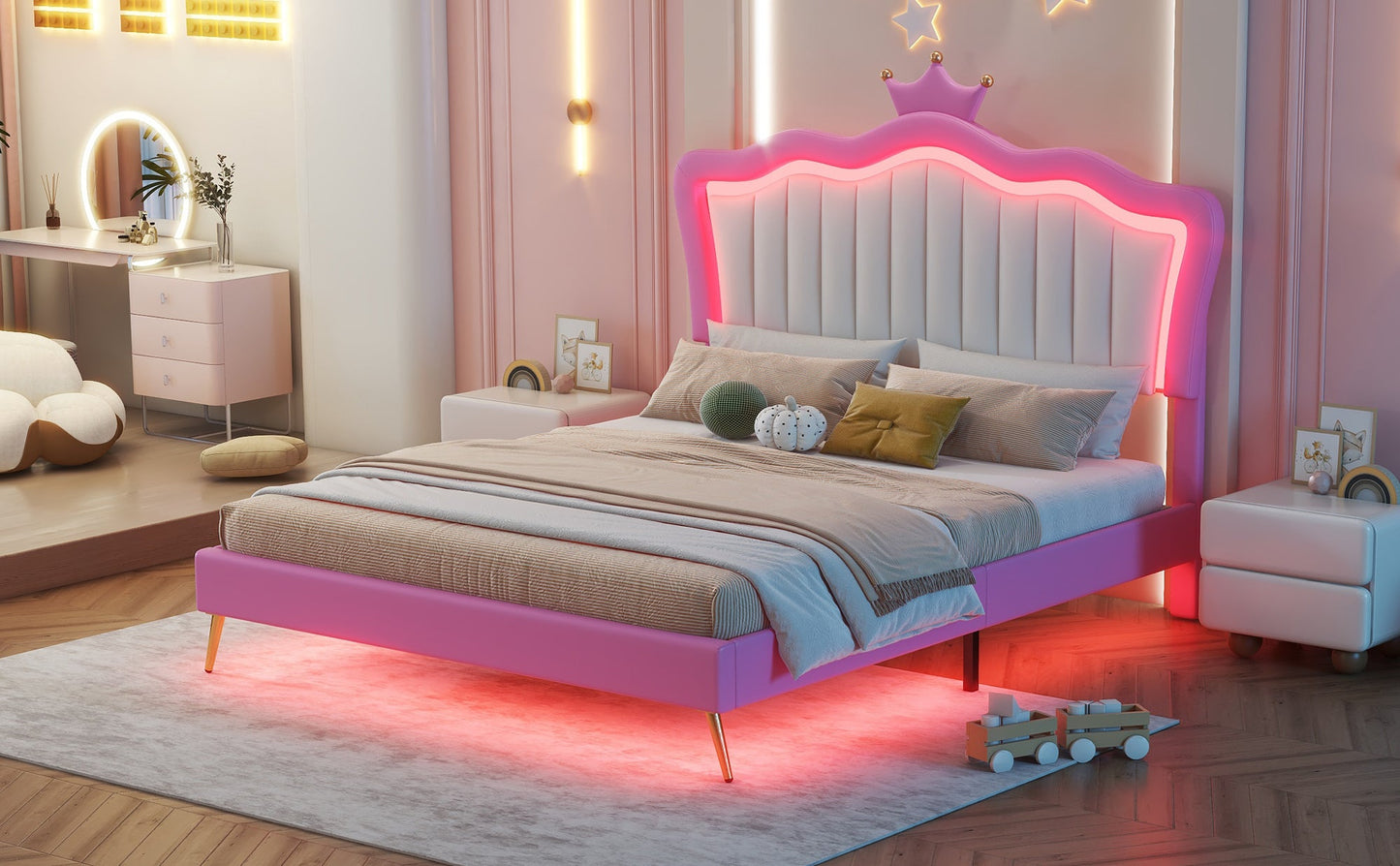 Full Size Upholstered Bed Frame with LED Lights, Modern Upholstered Princess Bed with Crown Headboard, Pink+White - Korvel