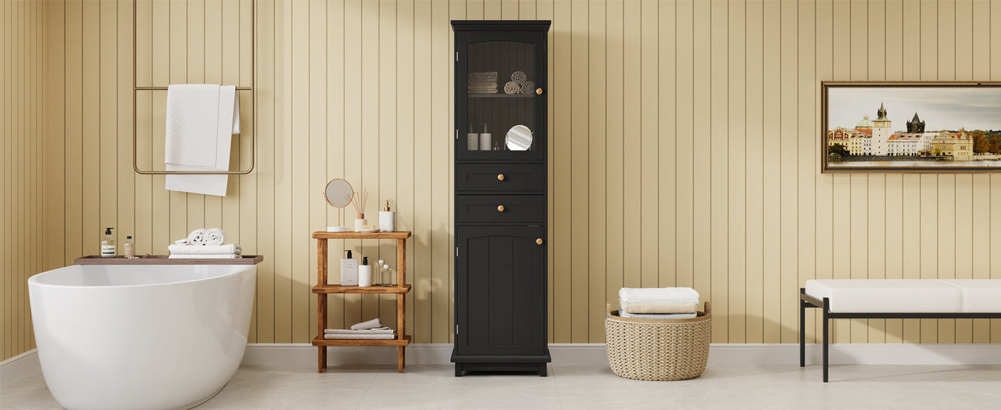Tall Bathroom Storage Cabinet with Glass Doors, Free-Standing, Two Drawers, and Adjustable Shelves, MDF Board, Painted Black - Korvel