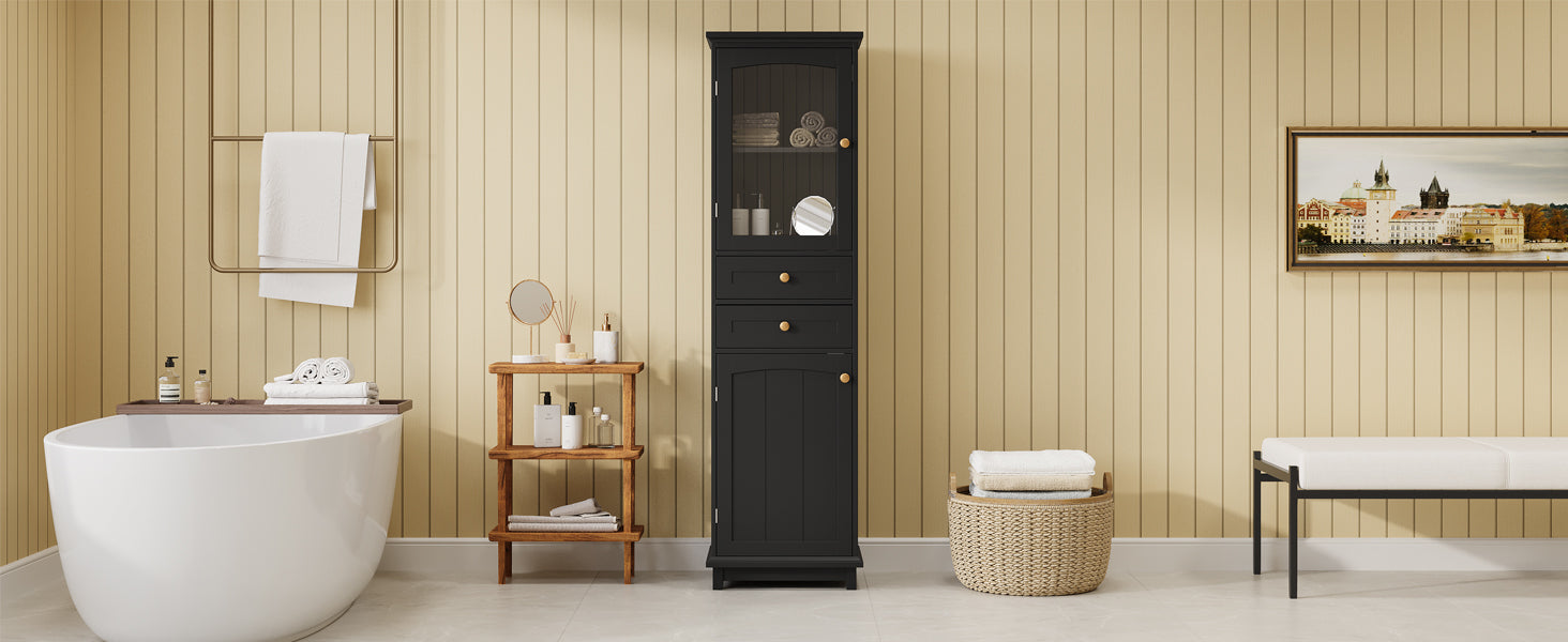 Tall Bathroom Storage Cabinet with Glass Doors, Free-Standing, Two Drawers, and Adjustable Shelves, MDF Board, Painted Black - Korvel