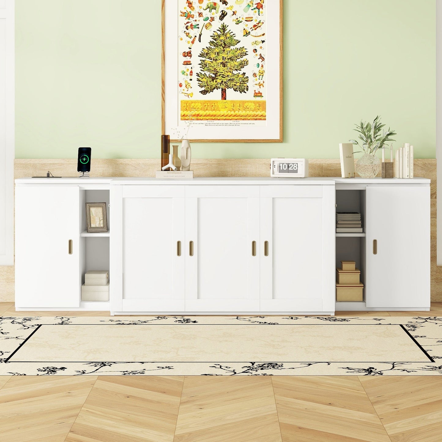 Full Size Murphy Bed with Shelves and USB Ports - White