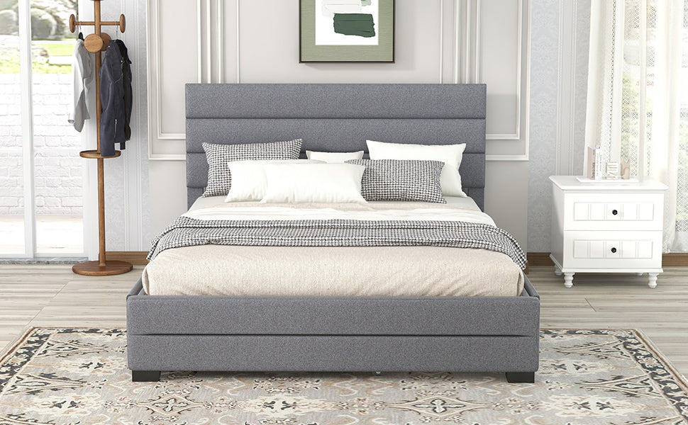 Queen Upholstered Platform Bed with Twin Size Trundle and Two Drawers Grey - Korvel