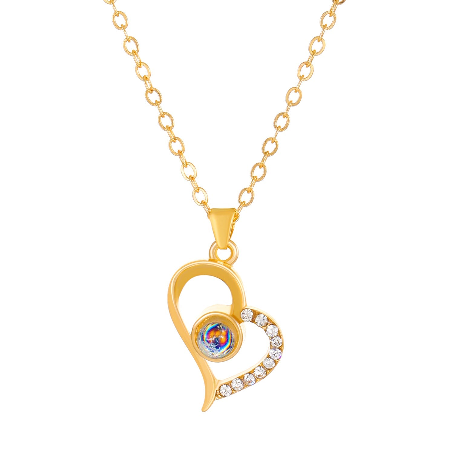 Diamond studded heart-shaped projection necklace in 100 languages. I love you, heart-shaped pendant, couple necklace - Korvel