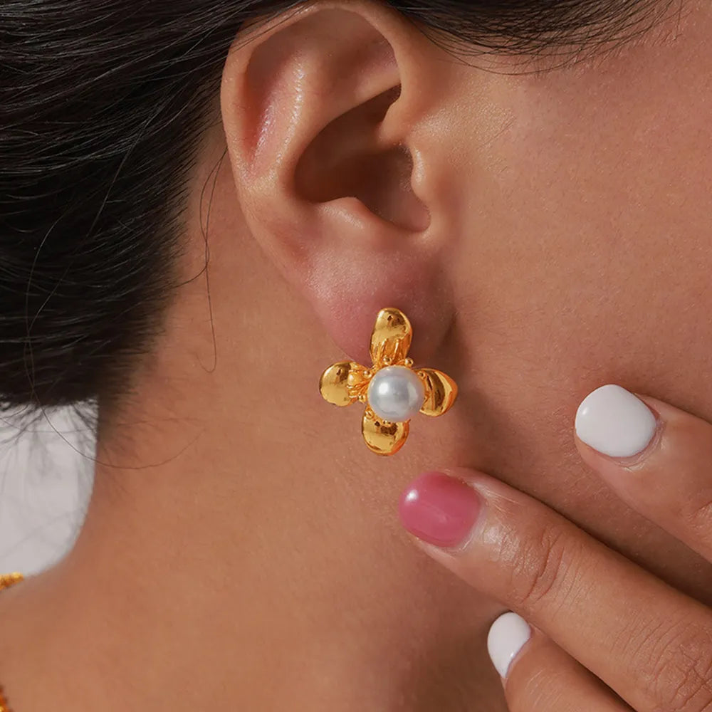 Synthetic Pearl Titanium Steel Flower Earrings - Korvel