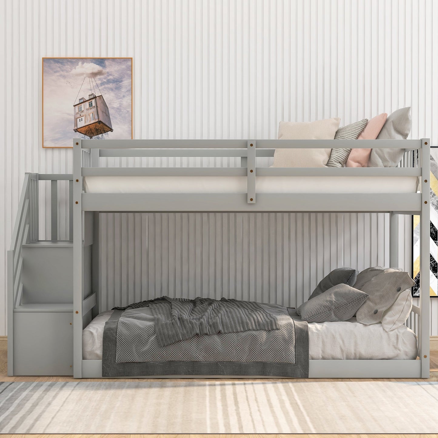 Twin over Twin Floor Bunk Bed, Ladder with Storage  Gray - Korvel