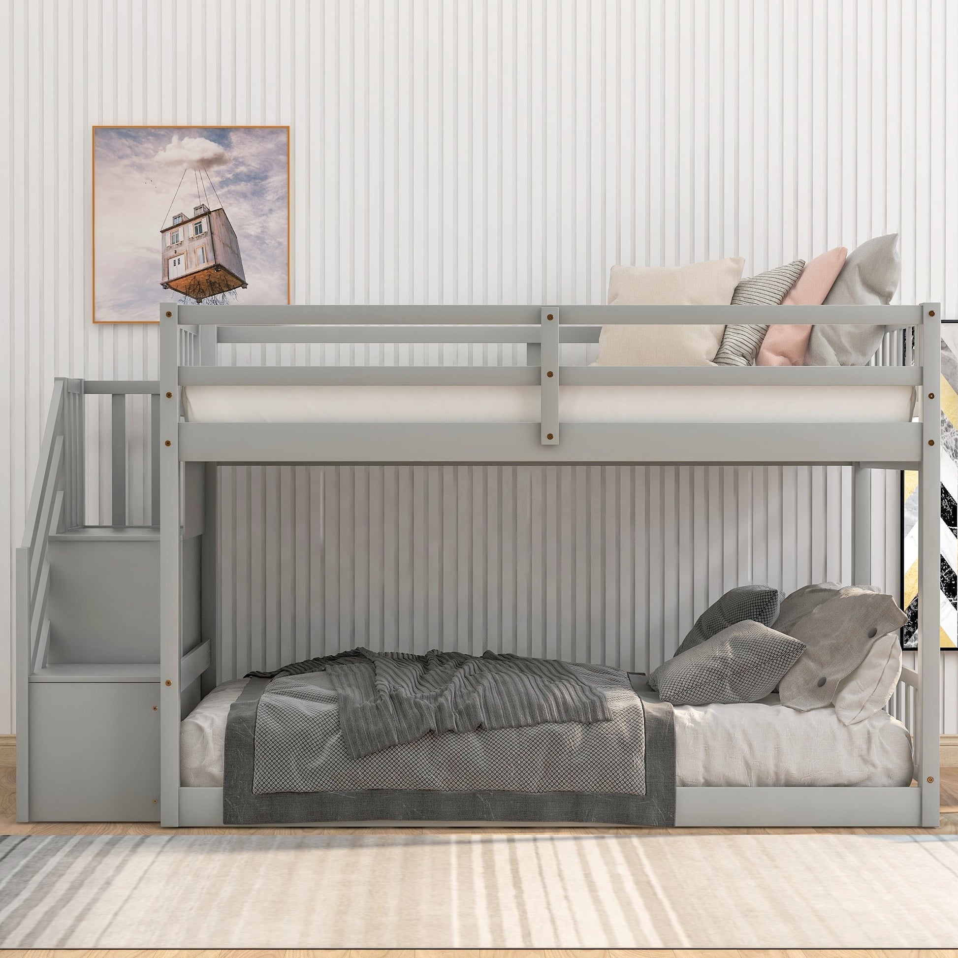 Twin over Twin Floor Bunk Bed, Ladder with Storage  Gray - Korvel