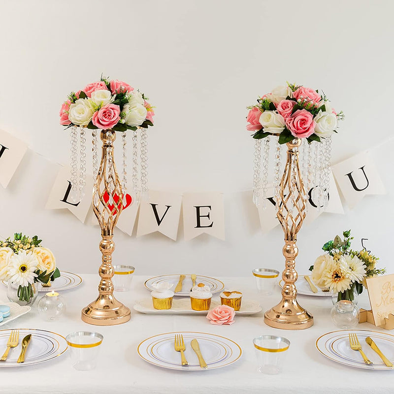 Wrought Iron Metal Flower Stand with Crystal Acrylic Beads Hanging Flower Arrangement, Gold-Plated Decoration for Wedding Tables - Korvel