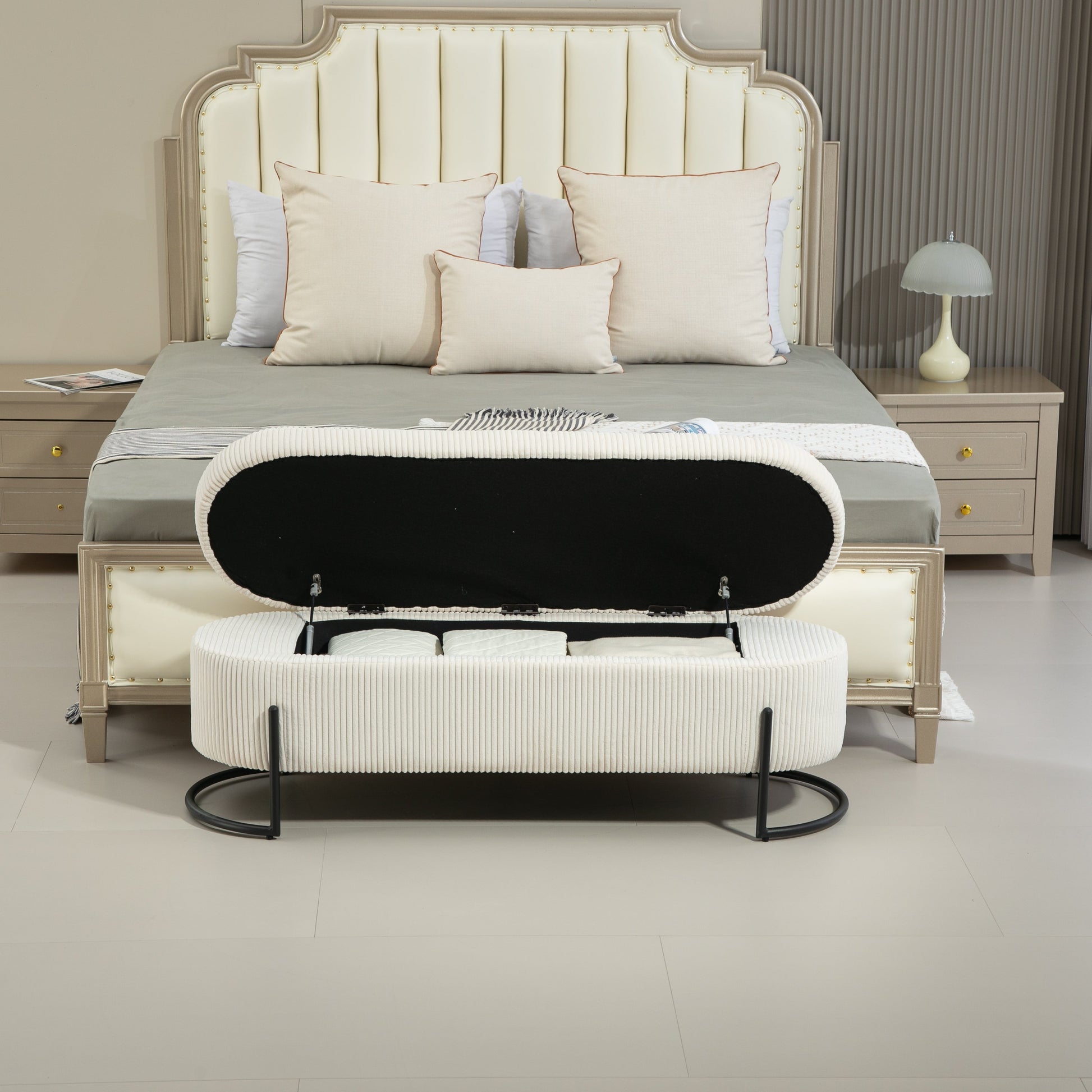 COOLMOR storage Ottoman chair with safety hinge and soft cushion fabric storage Ottoman stool (beige) - Korvel