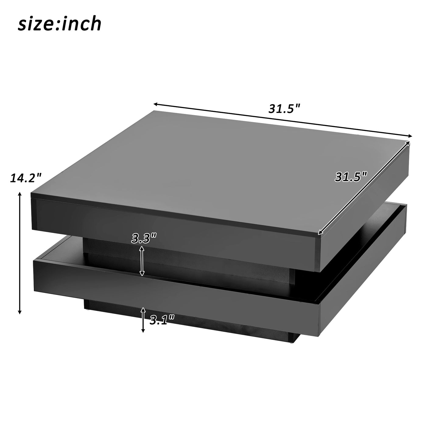 ON-TREND High Gloss Minimalist Design with LED Lights 2-Tier Square Coffee Table Black - Korvel