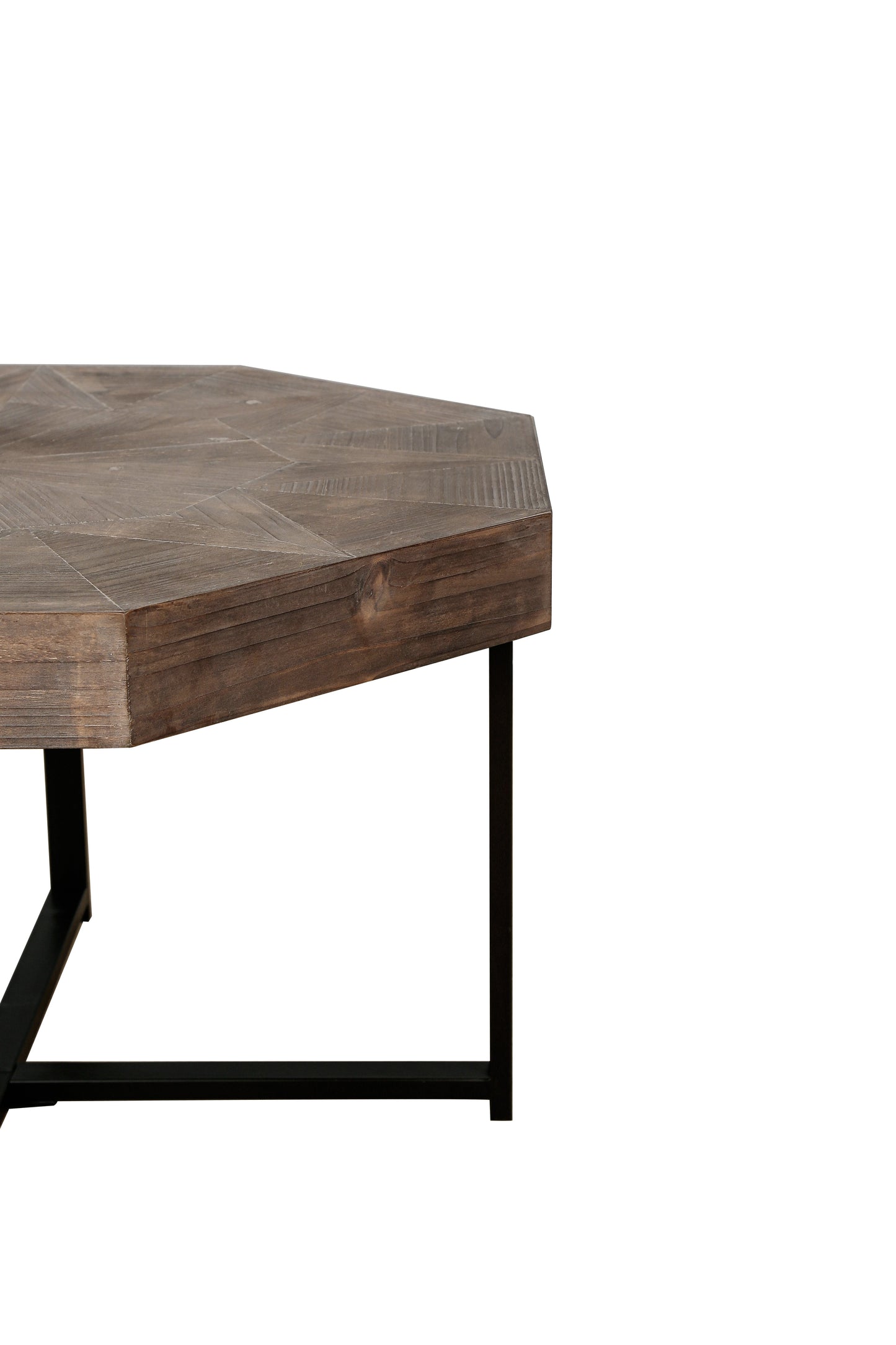Mesa de café octagonal de madera marrón antigua con patas de metal