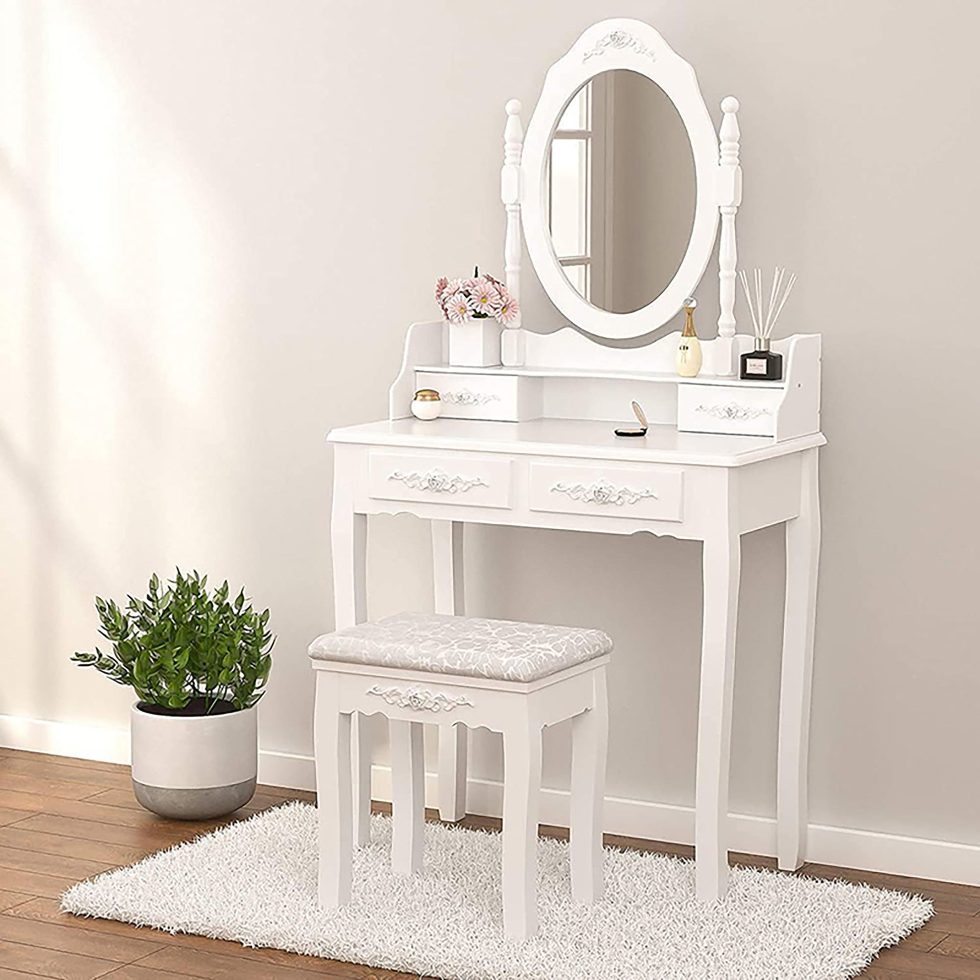 Vanity Table Set with 4 Drawer, Makeup Dressing Table w/Cushioned Stool, Girls Women Bedroom Furniture Set Oval Mirror - Korvel