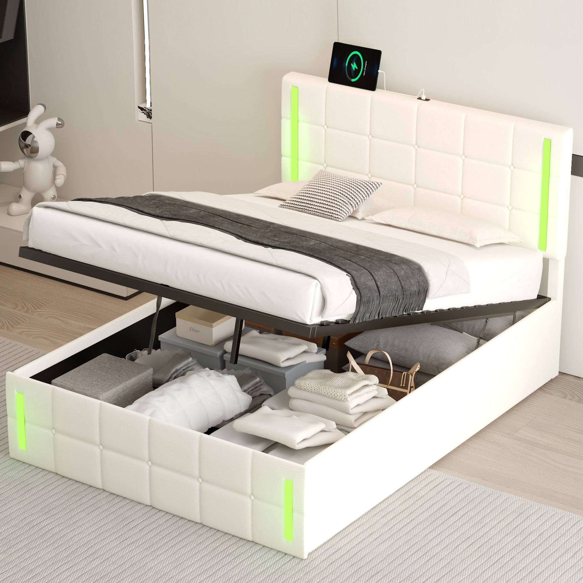 Full Size Upholstered Bed with LED Lights,Hydraulic Storage System and USB Charging Station,White - Korvel