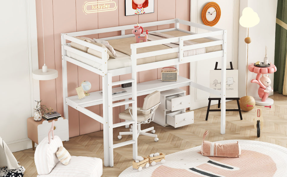 Twin Loft Wood Bed with Under-bed, Built-in Desk, a Storage Cabinet of 2 Drawers, Guardrails, Ladder,White - Korvel