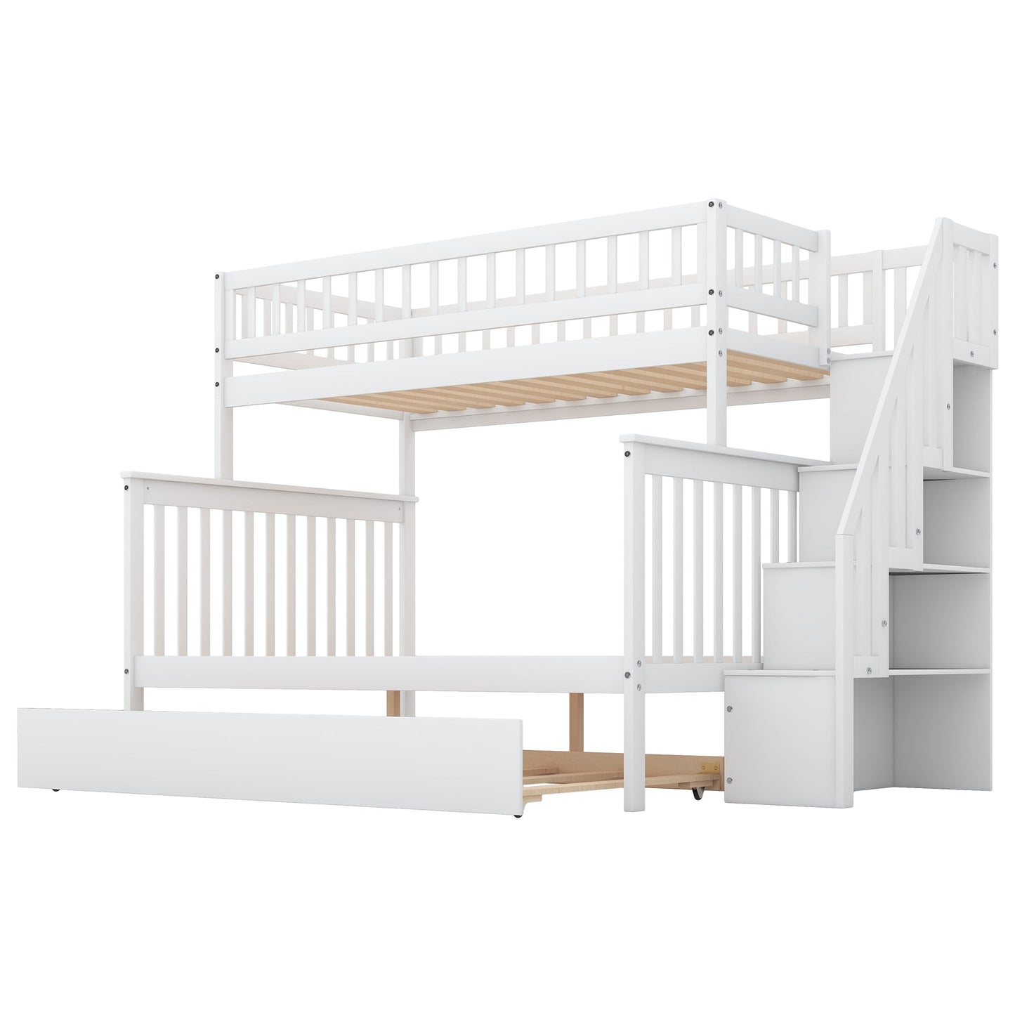 Elegant Twin over Full Bunk Bed with Trundle and Staircase - White