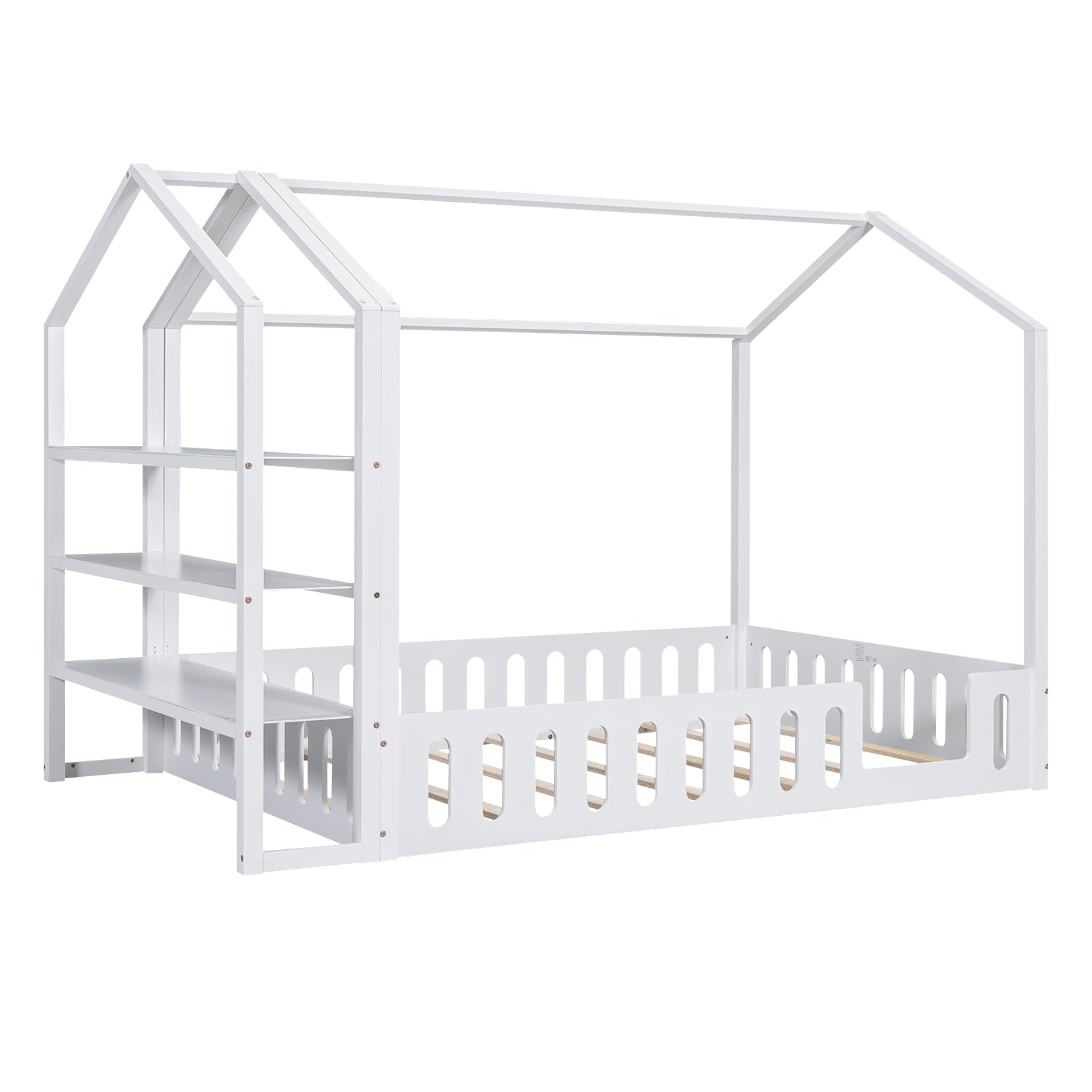 Full Size Wood House Bed with Fence and Detachable Storage Shelves, White - Korvel