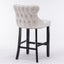 Velvet padded wing back bar stool with button tuft decoration and wooden leg chrome nail head decoration 2-piece set (beige) - Korvel